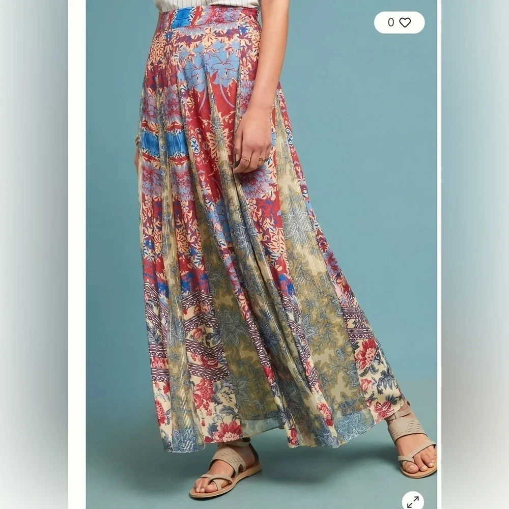Anthropologie Hemant & Nandita Red Gold Blue Floral Louvre Maxi Skirt SZ L